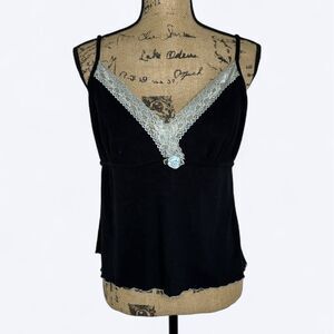 Delicates Y2K Babydoll Lace Trim Cami Tank Top Sz L Black Blue Lettuce Hem Rose